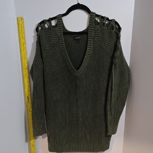 Torrid Deep Green V-Neck Sweater with Cutout Shoulders With Laced Sleeves